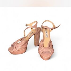 Authentic JIMMY CHOO Heloise Shimmer Ankle-Strap Platform Sandals Balletpink